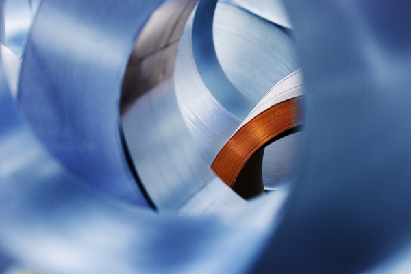Close-up from production Steel coil blue red