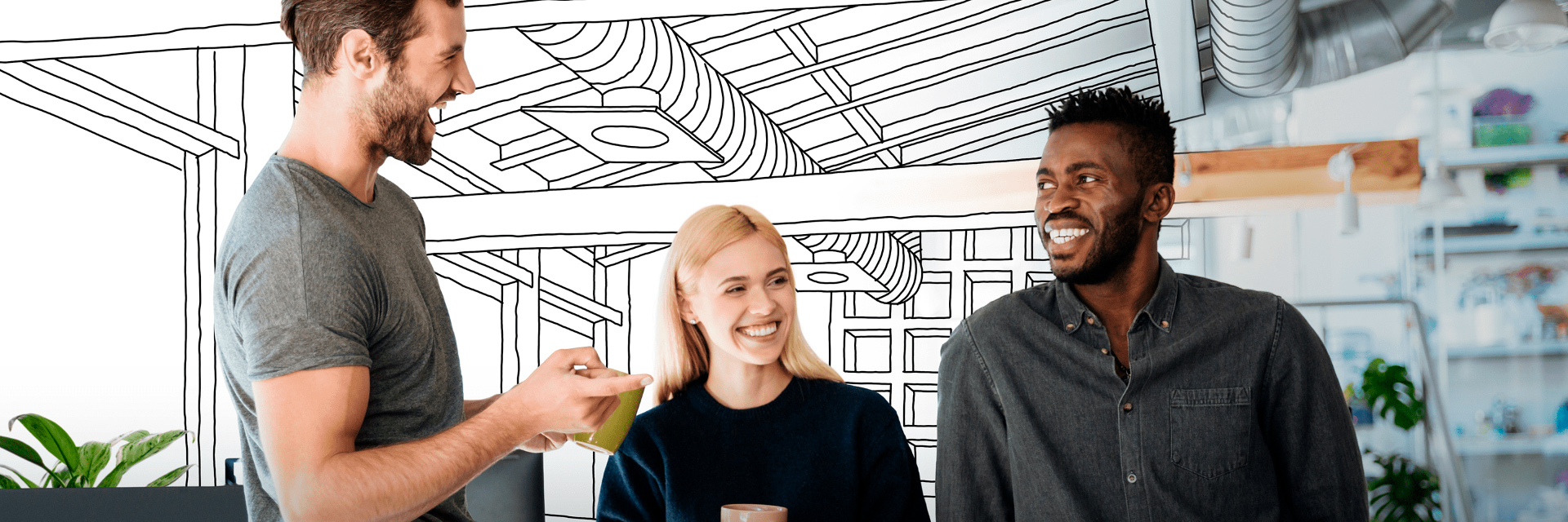 Iloisia tiimityöntekijöitä toimistossa